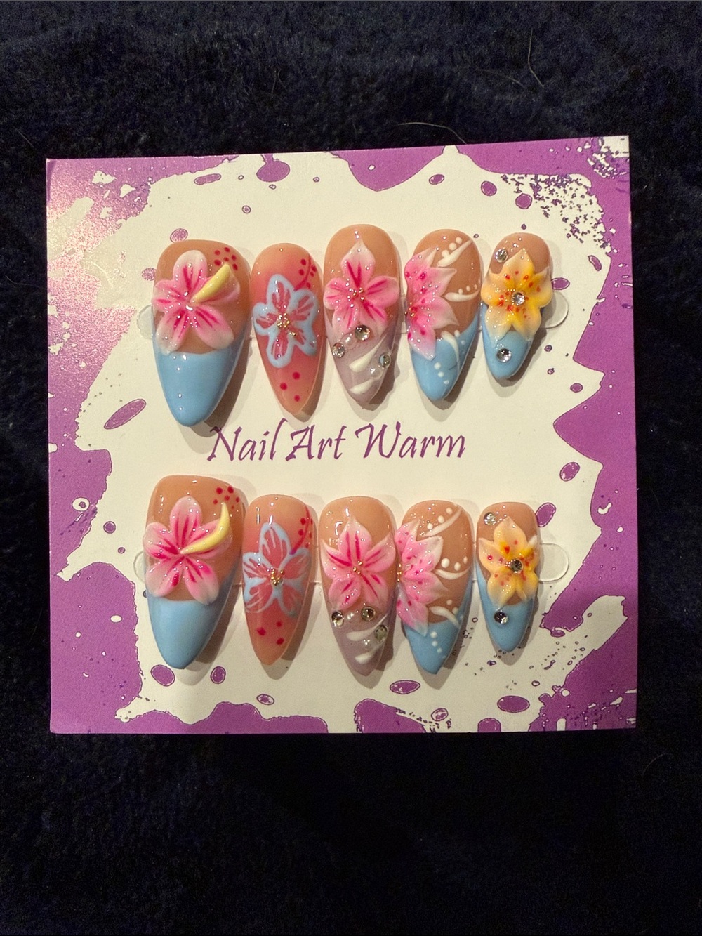 Floral 3D handmade acrylic Press-On Nails in Pink, Blue & Yellow